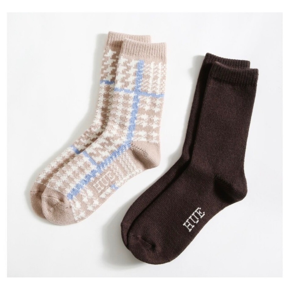 HUE Womens 2 Pack Heavy Weight Boot Socks Houndstooth Taupe Brown New One Size